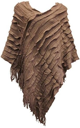 NEW WOMENS LADIES RUFFLE FRINGE KNIT PONCHO CAPE LONG TASSEL JUMPERS SHRUG TOPS (Mocha)