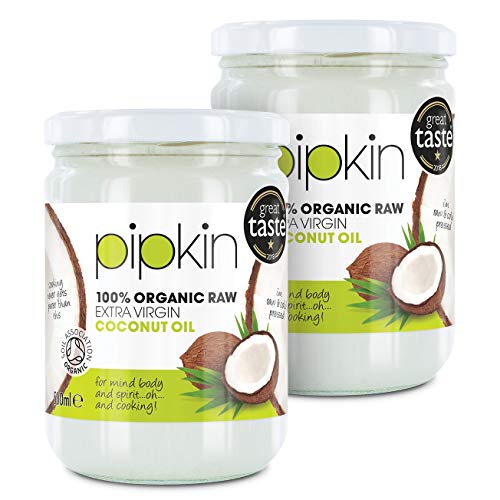 2 X Pipkin 100% Organic Coconut Oil Raw Extra Virgin and Pure. Multiple Purpose, Cold Pressed, Non-GM, for Hair / Skin / Body Moisturiser, Edible (Twin Pack 2 x 500ml Jars = 1L)