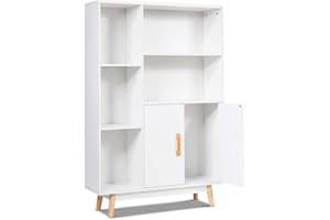 GIANTEX Aparador de Madera con 5 Estantes y 2 Puertas, Mueble Multiusos de Almacenamiento con Compartimentos, Armario Auxiliar para Salón, Baño, Cocina, Pasillo, Color Blanco