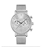 Bendwy Black Metal Mesh Uhr Fashion 5 Nadel Chronograph Herren Innerer Trichter Dial Paar Uhr (Color : Silber)