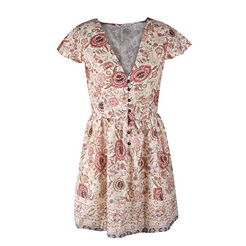 Duevin Abito Corto Scollo a V, Abiti abbottonati Stampa Vacanza con Maniche a Foglia di Loto(L- Beige)