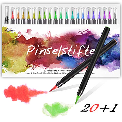 Qhui Rotuladores Punta Pincel 20 Colores y 1 Agua Pincel, Rotuladores Lettering con Punta suave y flexible, Rotuladores Acuarelables perfecto para Caligrafía, Manga, Bullet Journal y Coloreado