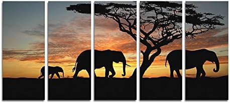 CyioArt - 5 Panels African Sunset Elephant Wall Art Picture Pictures Prints On Canvas Animal The Decor For Home Modern Decoration Print (49"W x 24"H, no frame)