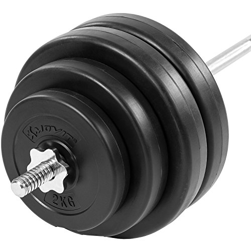 MOVIT® Langhantel Set 60,5 kg, Stange verchromt und gerendelt mit Sternverschlüssen, inkl. 8 Hantelscheiben, Hantelset Langhantelstange Gewichte Gewichtsscheiben Hantelscheiben - 2