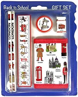 Back to School Gift Set - London Icons Themed Gift Set with Wallet, Ruler, Eraser, 2 Pencils and Sharpener - London Souvenir