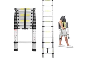 DICN Escalera telescópica de Aluminio 4.4 m, 15 Peldaños, Plegable, Extensible, Fácil de Transportar, para Constructores de Bricolaje, Interiores y Exteriores