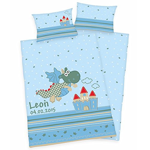 Preisvergleich Produktbild Bettwäsche mit Namen blau Drachen Motiv 100x135 cm Linon Babybettwäsche Kinderbettwäsche