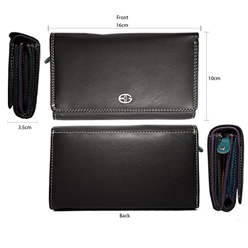 Ladies Luxury High Quality Soft Black (Multi Coloured Inside) Real Nappa Leather RFID blocking Long Multi Fall Purse Multi Credit Card Wallet with 2 Inner Zip Compartments