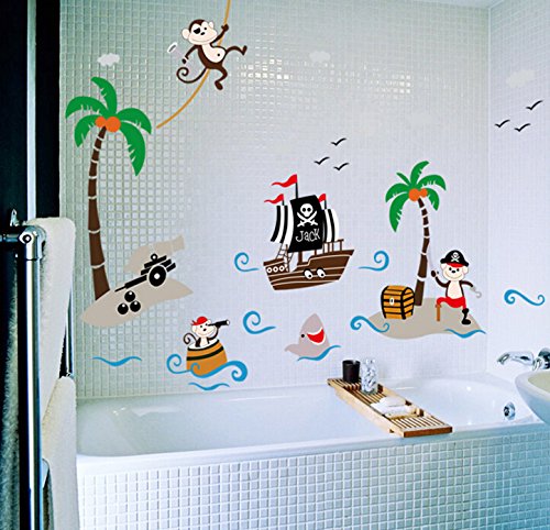 ufengke Cartoon-Piraten-Schiff Affepirat Kokos-Insel Wandsticker,Kinderzimmer Babyzimmer Entfernbare Wandtattoos Wandbilder - 2