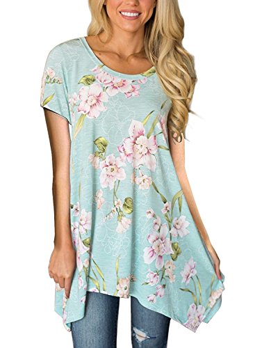 Happy Sailed Womens Summer Loose Fit Short Sleeve Floral Print Irregular Hem Asymmetrical Tunic Tops