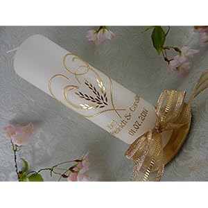 Hochzeitskerze Traukerze Ähren Herz gold 250/70 mm personalisiert