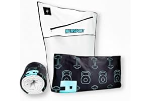 Rebsport Asciugamano Palestra Uomo con Tasca Porta Oggetti e Magnete, Asciugamano Donna Fitness per Panca Palestra + Asciugamano Doccia in Omaggio utilizzabile come Telo Doccia o Telo Mare