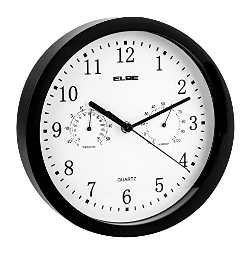 Elbe RP-1005-N - Reloj de Pared con termómetro y higrómetro, negro