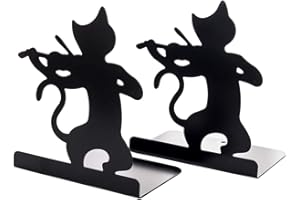 Hillento antidérapants serre-livres, chat paresseux jouer musique bibliothèque fer épaississement antidérapante serre-livres métalliques d'étude à domicile de bureau de l'école, 1 paire, violon