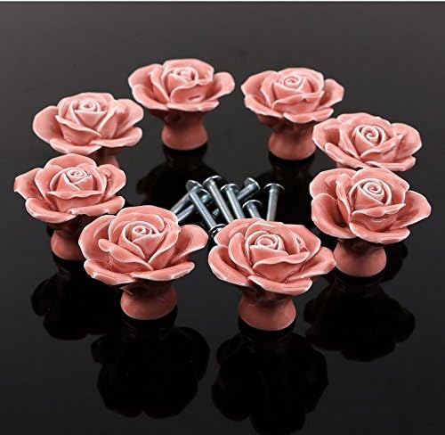 Honeysuck Creative Floral Rose Door Drawer Ceramic Knob Handle + Screw(Pink)