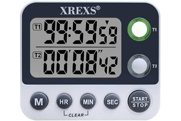 XREXS Minuteur de Cuisine, Minuteur de Cuisine 2 Canaux, Volume de la Sonnerie Réglable, Minuterie de Cuisson, Chronomètre, Grand écran LCD, Dos Magnétique, Batterie et Lanière Inclus