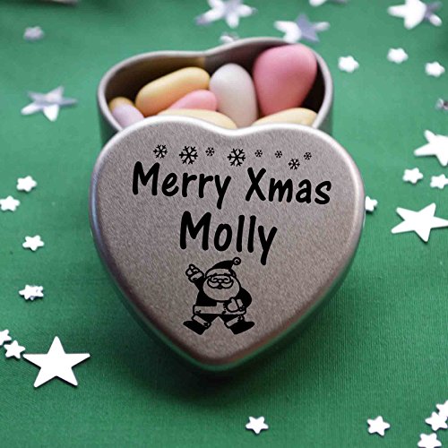 Gift in Can Merry Xmas Molly Heart Shaped Mini Tin Gift filled with mini coloured chocolates perfect christmas card alternative for Molly Fun Festive Santa Design