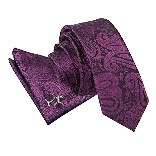 Purple Woven Floral Paisley Cravat & Handkerchief Set For Men - Wedding Formalwear By DQT