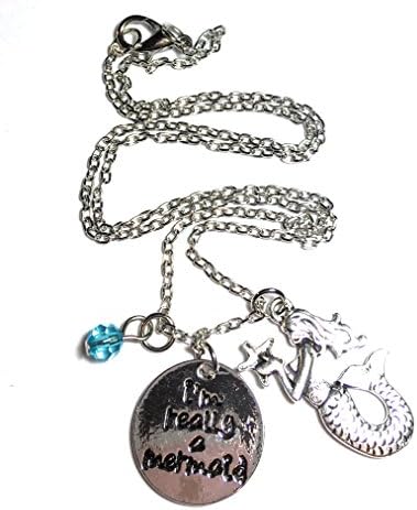 FizzyButton Gifts "I'm really a mermaid" antique silver tone charm necklace with turquoise bead in gift box