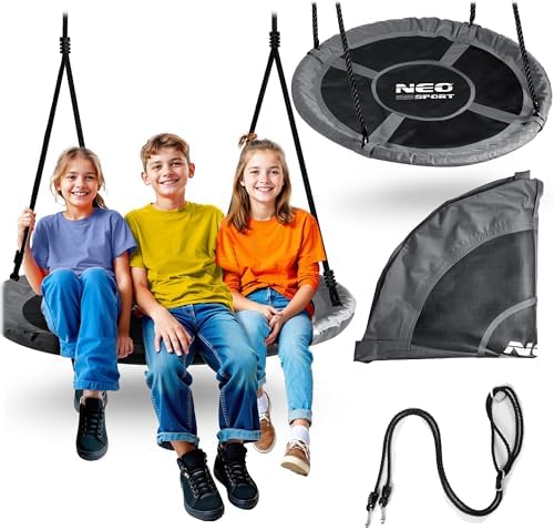 Neo-Sport Altalena a nido per esterni, 110 cm, con telaio, carico massimo 150 kg, impermeabile, rotonda, colore nero, grigio