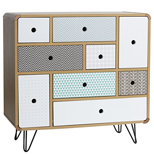 VS Venta-stock Cómoda de Noche Buda de 9 Cajones, Color Roble, Patas de Metal en Negro