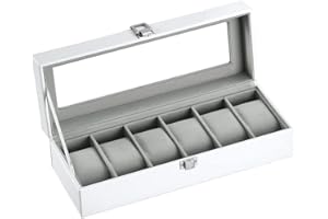 LINGFANSTORE Caja de relojes con 6 compartimentos, Estuche para relojes con tapa de cristal, Almohada extraíble, Forro de terciopelo, Cierre de metal (Weiß-W04W)