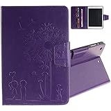 iPad Air Kinder Löwenzahn Hülle,iPad 5 [Lila] Ledertasche, Aeeque Bookstyle Kartenfächer Standfunktion Ledertasche mit Flexibel Schwarz Silikon Innere Etui Leichtgewicht Anti Kratzer PU Leder Schutzhülle für iPad Air / iPad 5