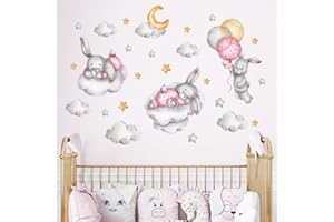 SUGHAW Stickers Muraux Animaux Rose Lapins Autocollant Mural Nuages étoiles Lune Ballon Peel and Stick Autocollant Amovible Enfants Décoration pour Garcon Fille Chambre de D'enfant Bébé Pépinière Salon