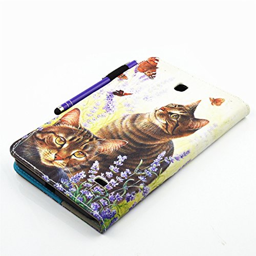 Galaxy Tab 4 7.0 Hülle Case,Galaxy Tab 4 7.0 Ledertasche,Ukayfe Muster Schutzhülle Lederhülle Leder Tasche für Samsung Galaxy Tab 4 7.0,Malerei Katze Lila Blumen Muster Slim Fit Folio PU leder Schutz Etui Schale Flip Cover im Bookstyle Kunstleder Wallet Case Cover Tasche mit Ständer Karteneinschub und Magnetverschluß für Samsung Galaxy Tab 4 7.0 Zoll SM-T230 / T231 / T235 mit 1 x Schwarze Eingabestift - 3