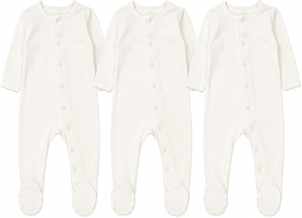 3'lü Yenidoğan Bebek Tulumu, 0-3 Ay Unisex Ekru Organik Pamuk Tulum Seti