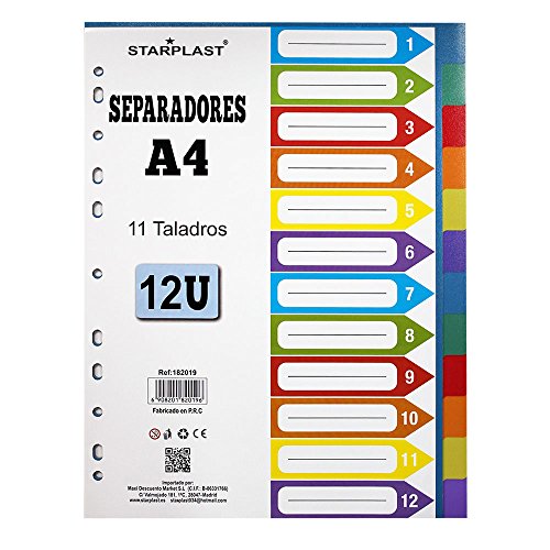 182019 - SEPARADORES PARA ARCHIVADOR  TAMA  O A4  12 DIVISIONES  DE PL  STICO RESISTENTE Y COLORES VARIADOS  12 SEPARADORES 