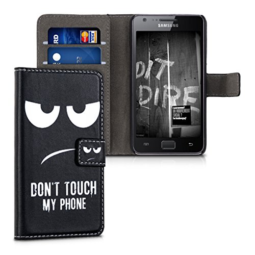 kwmobile Custodia portafoglio per Samsung Galaxy S2 S2 PLUS - Cover a libro in simil pelle Design Don't touch my phone Flip Case con porta carte funzione appoggio bianco nero