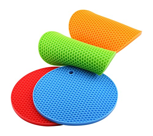 Hochwertige Silikon Topfuntersetzer/Topflappen Rund 4er Set, Hitzebeständig bis zu 230°C Spülmaschinenfest, Multifunktional einsetzbar, Deckelöffner, Topfschoner, Topflappen/Topfuntersetzer - 3