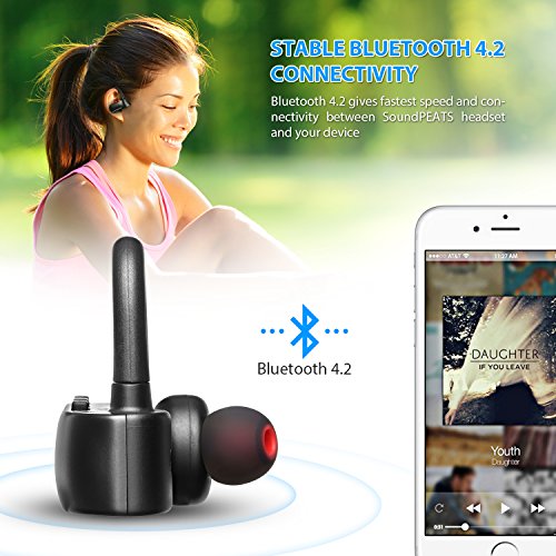 SoundPEATS Q16- Auriculares inal  mbricos con Bluetooth sin cables V4 2  modo est  reo y cascos deportivos con micr  fono y base de carga para correr y hacer ejercicio  color negro