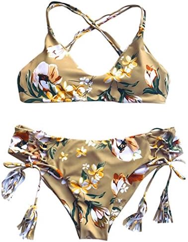 Women Bikini Set,Hmeng Ladies Swimsuit,Sexy Women Halter Bandage Bikini Set Push-up Padded Bra Swimsuit Bathing Suit Swimwear Beachwear Sets Beautiful Floral Pirnt (Khaki, S)