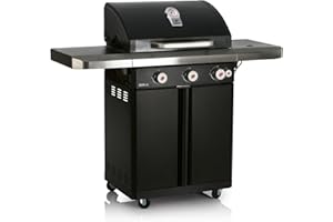 Landmann Parrilla de gas Rexon PTS 3.1, 3 quemadores de acero inoxidable ajustables, quemador lateral empotrado, tapa de doble pared con termómetro integrado, parrillas esmaltadas