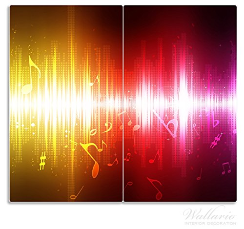 Wallario Herdabdeckplatte / Spritzschutz aus Glas, 2-teilig, 60x52cm, für Ceran- und Induktionsherde, Rot-gelbe Noten der Musik