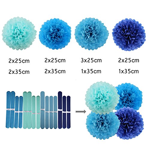 15er PomPoms Tissue PomPon Papierblume handgefertigt Hochzeit Partei Feier Dekoration 25cm & 35cm Blau - 3