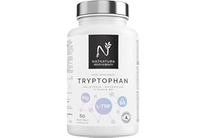 N NATNATURA HEALTH & BEAUTY Tryptophane avec magnésium + mélatonine + vitamine B6. Tryptophane pour réduire le stress et l'insomnie. Tryptophane avec mélatonine et magnésium pour un sommeil réparateur. 60 gélules.