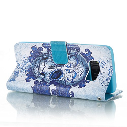 Hülle für Samsung S8, Galaxy S8 Brieftasche Schutzhülle, Aeeque Blau Wolke Schädel Muster Flip Tasche im Bookstyle mit Kartenfach Trageschlaufe Kunstleder Handyhülle Etui Wallet Case Cover Schale für Samsung Galaxy S8 - 3