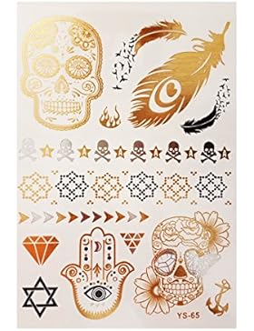 Body Flash Tattoo / Metallic Tattoo / Schmuck-Tattoo / Beauty-Tattoo in Gold & Silber mit Totenkopf, Feder, Stern...