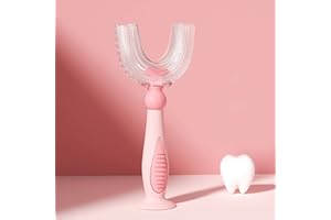 ZALUJMUS Kids U-Shaped Toothbrush, Manual Training Tooth Brush, Food Grade Soft Silicone Brush Head, 360° Oral Teeth Cleaning Design for Toddlers and Children (for 6-12Y, Pink)