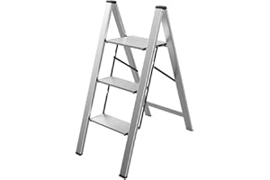 Mephisto Escabeau pliant - Échelle domestique plate en aluminium avec marches antidérapantes avec 3 marches sans poignée - Charge maximale : 150 kg