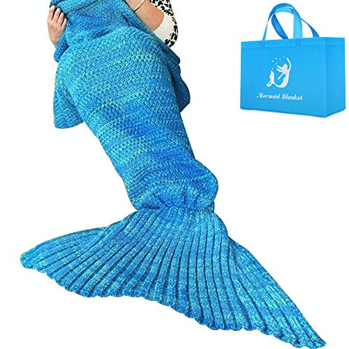 AM SeaBlue Mantas de cola de sirena para adultos Patrón hecho a mano de las escalas de pescados que hace punto y Todas las estaciones calientan sus pies bolsa de dormir (Azul)
