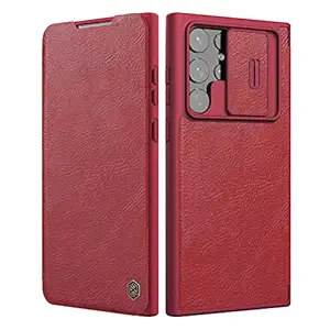 Nillkin for Samsung Galaxy S22 Ultra Case with Camera Cover and Card Holder, PU Leather Case with Flip Cover and Slide Camera Protection, Durable Shockproof Cover - Red