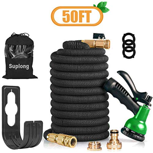 Suplong 50FT 3 Times Expanding Garden Hose Flexible Expandable Magic Hose Pipe with 8 Function Spray Gun Solid Brass Fittings Extra Strength Anti-leakage Lightweight Easy Storage (50FT)