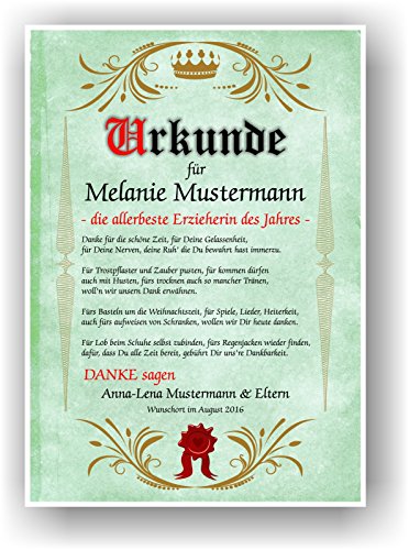 Urkunde zum Abschied Kindergarten Kita persönliches Geschenk Urkunde für Erzieherin mit 8 Motiven zur Auswahl - 2