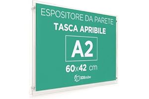 3DSCUBE Espositore in plexiglass di ALTISSIMA qualità, da parete, targa a tasca apribile in plexiglass, porta avvisi e depliant formato A2 60x42 cm, completa di distanziali in alluminio (A2 Orizzontale)