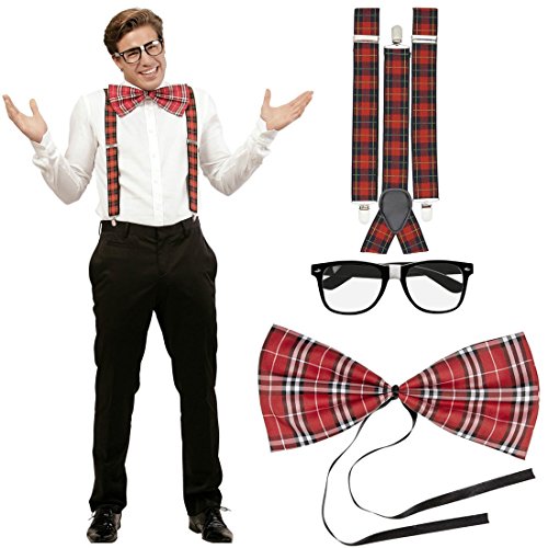 Mega_Jumble® Nerd Costume Kit Geek Disguise Set Chequered Checked Braces Fly Glasses Swot Outfit Accessory Bad Taste Theme Party 80's Dweeb School