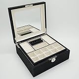 4Queens XXL Flaches Design Schmuckkasten Schmuckkästchen Schmuckbox Schmuckkoffer Schmuck Aufbewahrung Schmuckschatulle Jewelry Box Bijou Box Jewelry Case abschließbar mit großem Spiegel LxBxH: 28*26*11cm (Schwarz/Beige) - 2